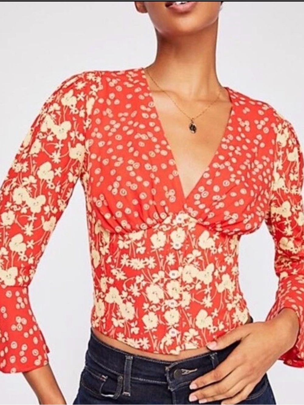 Free People Lady Bohemian Orange/Red Small Floral Print Crop Blouse S